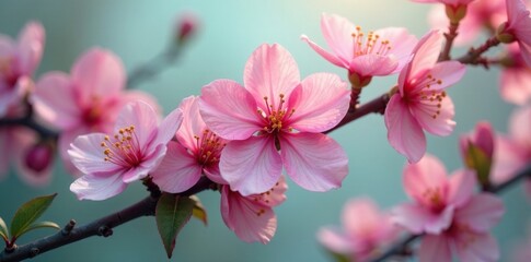 Obraz premium Pink bubblegum on a branch with leaves and flowers, flowers, tree, pastel