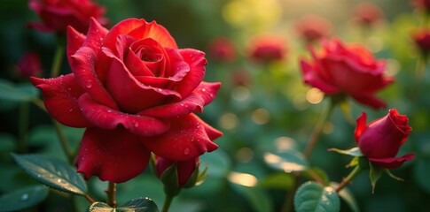 Red roses with water droplets in the morning dew, botanical, nature, intricate