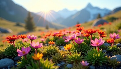Fototapeta premium Saxifrage blooms in short Arctic summer sunlight, short summer, landscape