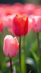 Naklejka premium Single red tulip in a field of pale pink tulips, flower photography, soft focus