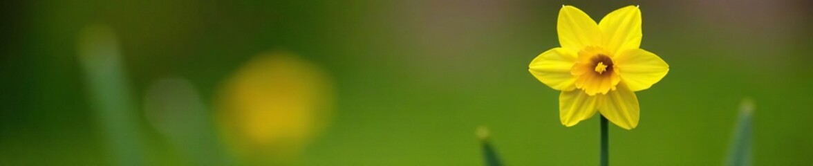 Obraz premium Single yellow daffodil on a green stem in a garden, yellow, flower