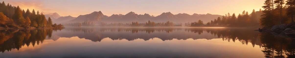 Obraz premium Soft golden light spills across the surface of a serene lake at dawn, gradual illumination, tranquil shore