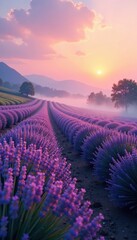 Fototapeta premium Soft lavender mist rises over a serene landscape at dawn, dawn, sunrise, serenity