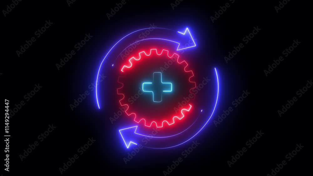 Aufkleber glowing neon line gear and arrows as workflow concept icon isolated on black background. gear reload