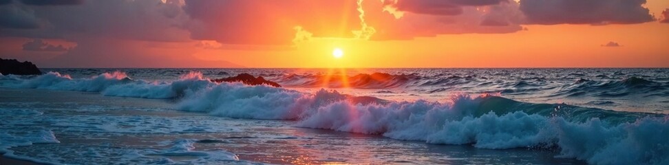 Sunset over ocean with gentle waves and soft light flare, calming scene, serene landscape