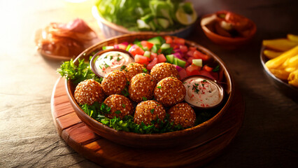 Plate food sitting on table. Meatballs dish vegetables plate brown balls snack vegetable. Snack a variety vegetables and a brown vegetable ball. The photo is of a plate of fried balls of lifestyle.