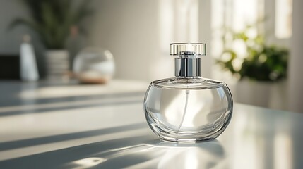 Clear glass perfume bottle with silver top on a white countertop