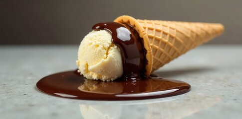 Upside-down ice cream cone dripping with chocolate sauce on a clean surface, puddle, droplets, chocolate