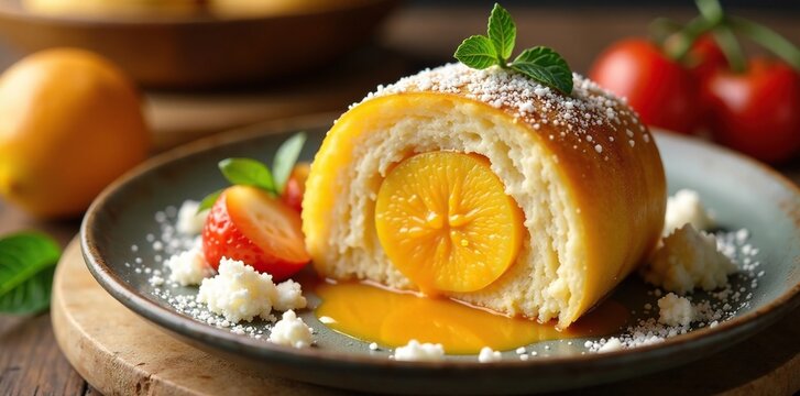 Un bao relleno de setas cubiertos con una capa de crema de yema de huevo y trozos de trufa en un suelo cubierto de granizo, natural, granizo