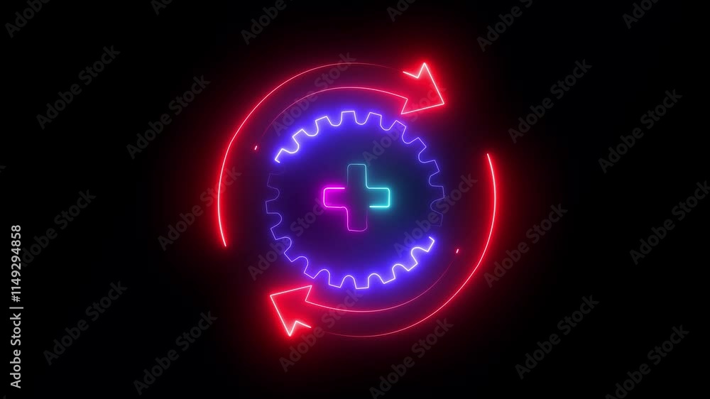 Poster glowing neon line gear and arrows as workflow concept icon isolated on black background. gear reload