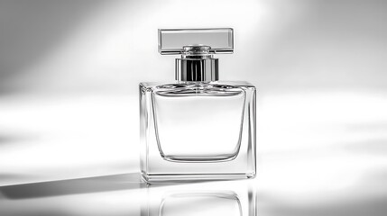 Clear perfume bottle with sleek silver cap on a pristine white surface