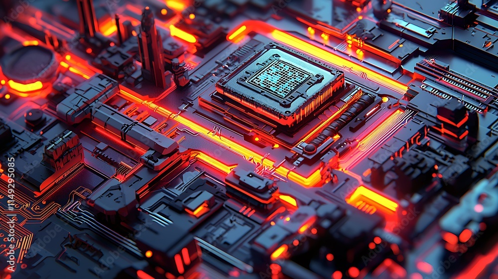 Poster close-up of a futuristic, glowing central processing unit (cpu) on a circuit board.