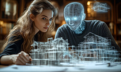 A Creative Professional And A Holographic Ai Avatar Collaboratively Designing An Architectural Blueprint, With Intricate 3d Holo