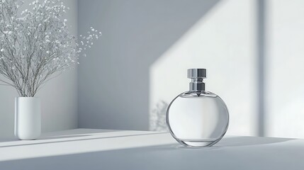 Obraz premium Clear glass perfume bottle with silver cap placed on a white table