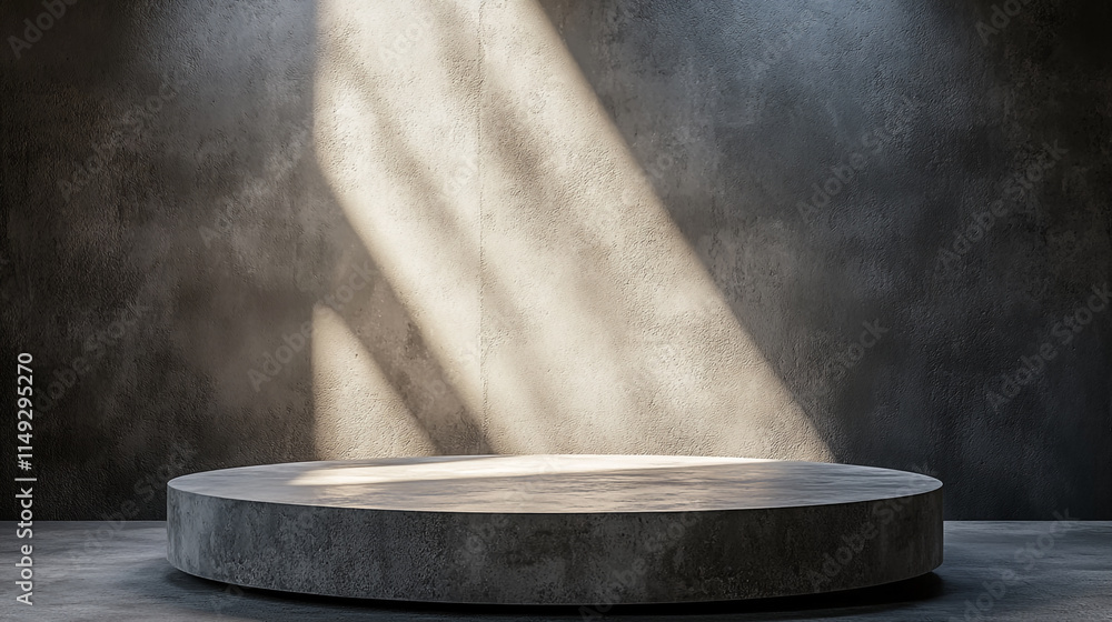 Poster empty round stage illuminated by soft light in a dimly lit space.