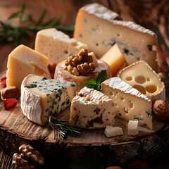 Close-up of Diverse Artisanal Cheeses on Rustic Wooden Board with Garnishes of Herbs, Nuts, and Dried Fruits