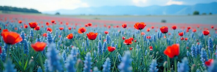 Blooming poppy stems rise from a vast expanse of sapphire blue grass, grass, wide open space