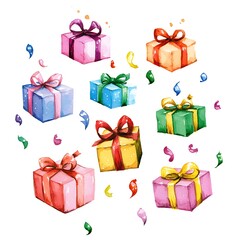 Fototapeta premium Watercolor illustration of colorful gift boxes with confetti, perfect for celebrations and festive designs.
