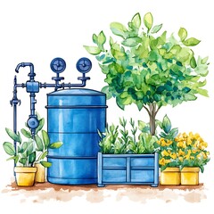 Obraz premium Watercolor illustration of a blue water tank with plumbing and assorted potted plants, representing sustainable gardening and water conservation.
