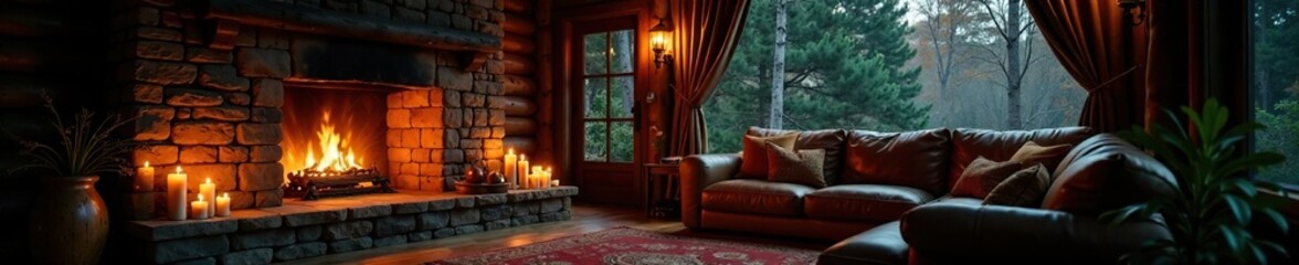 Cozy cabin with stone fireplace and warm candlelight, rustic, candlelight, relaxation