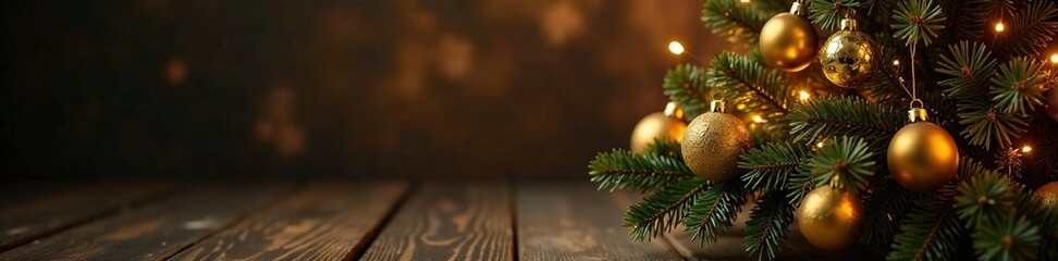 Darkened room with a golden Christmas tree as the centerpiece, soothing tones, golden baubles
