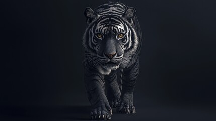 Majestic Black and White Tiger Striding Forward with Intense Gaze and Powerful Presence in Dark Setting