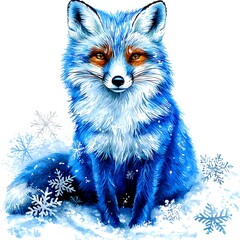 Obraz premium A stylized blue fox sitting in the snow amidst snowflakes.