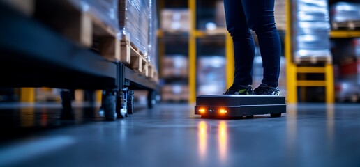 Automated warehouse robot navigating a distribution center.