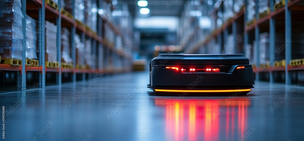 Poster automated warehouse robot moving through aisles.