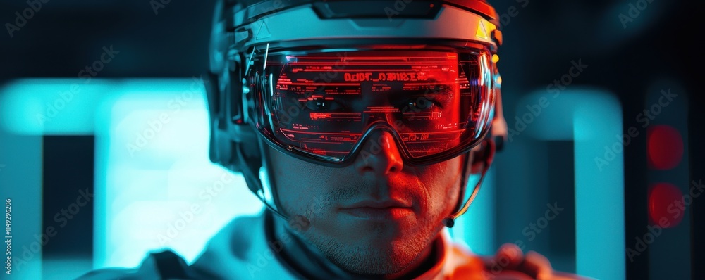 Poster virtual reality training action futuristic lab digital portrait high-tech environment close-up view 