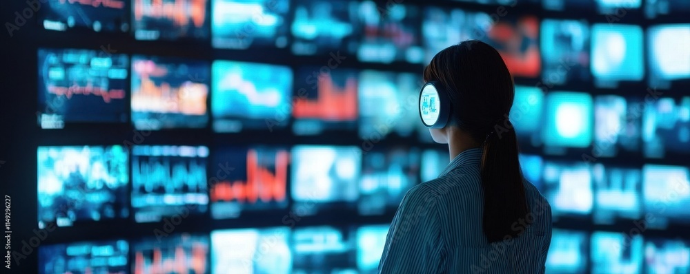 Poster analyzing digital data trends control room image capture modern environment perspective technology i
