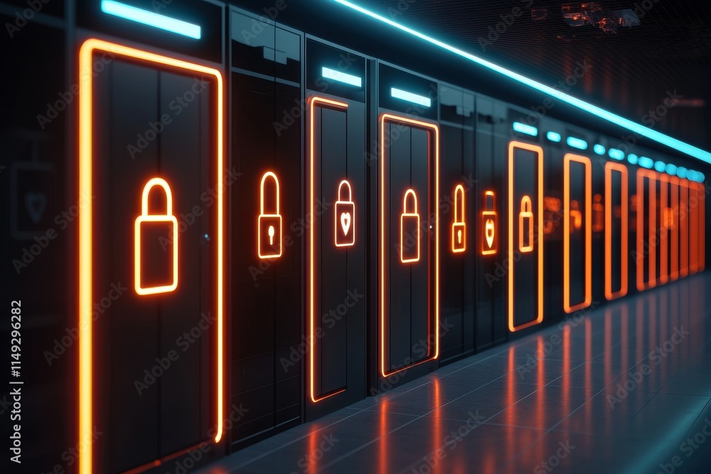 Poster cybersecurity measures implemented in high-tech server room digital security environment futuristic 