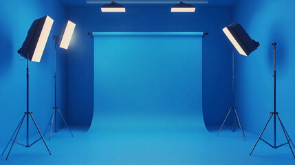 Photo studio with blue backdrop and lighting setup for creative projects. 