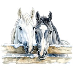Two Horses, a White and a Grey, Peeking Over a Snow-Covered Wooden Fence in Winter.