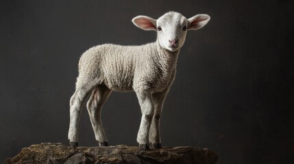Adorable Lamb Standing Proud on a Rock against Dark Background, Capturing Full Body Shot of a Young Animal