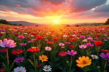 Golden hues illuminate a sea of colorful wildflowers as the sun dips below the horizon, sunset, pink