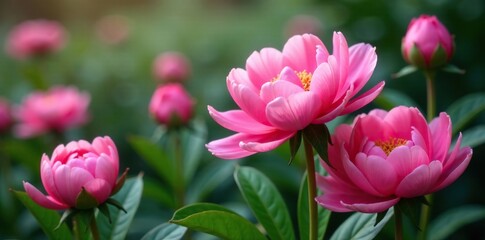 Fototapeta premium Large peony flowers unfolding from the ground with stems, blossom, gardenia