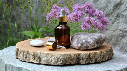 A brown glass serum bottle with a golden dropper, resting on a wooden tray with natural stones and flowers.