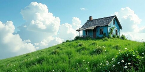 Fototapeta premium Old blue cottage nestled at the top of a rolling green hill amidst a sea of fluffy white clouds, serene atmosphere, overgrown garden