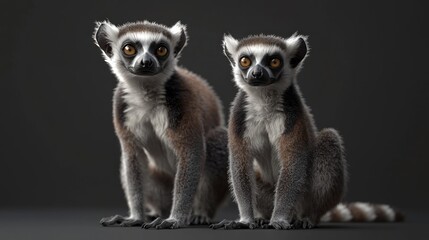 Obraz premium Two Adorable Lemurs Sitting Side by Side with Captivating Expressions and Soft Fur on a Dark Background