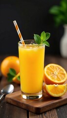 Fototapeta premium Orange juice glass with a straw on a wooden table next to sliced oranges, kitchen,, cutlery