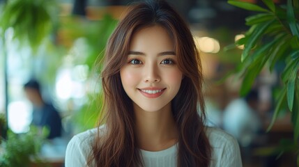 Obraz premium A woman with long brown hair and a white shirt is smiling. Generative AI
