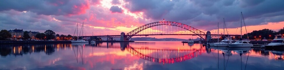 Fototapeta premium Reflections of the Sail Bridge and marina in the fading light, landscape, swansea bay, bridge