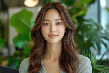 Fototapeta premium A woman with long brown hair is smiling at the camera. Generative AI