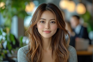Fototapeta premium A woman with long brown hair is smiling at the camera. Generative AI