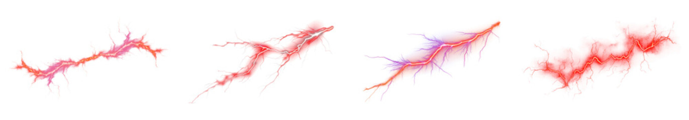Red lighting thunder png cut out element set, transparent background