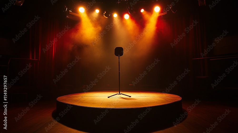 Poster spotlight on an empty stage with a microphone ready for performance.