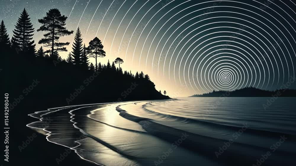 Poster shadows and light waves ripple across the deep black background creating a sense of nostalgic disrup