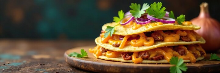 Tortilla tower with cheese, onions, and fresh cilantro, colorful, onion