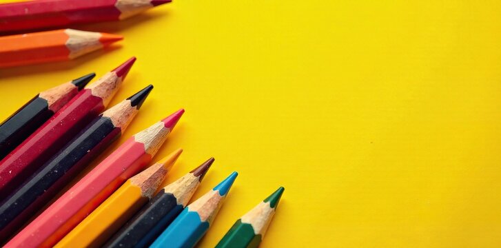Un cuadro con crayones y pinceles en un fondo amarillo c?lido, cuadro,